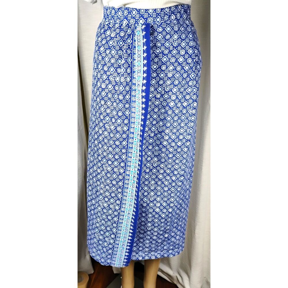 Austin Hill Pencil Midi Skirt 100% Cotton Blue White Tile Print Elastic Waist L